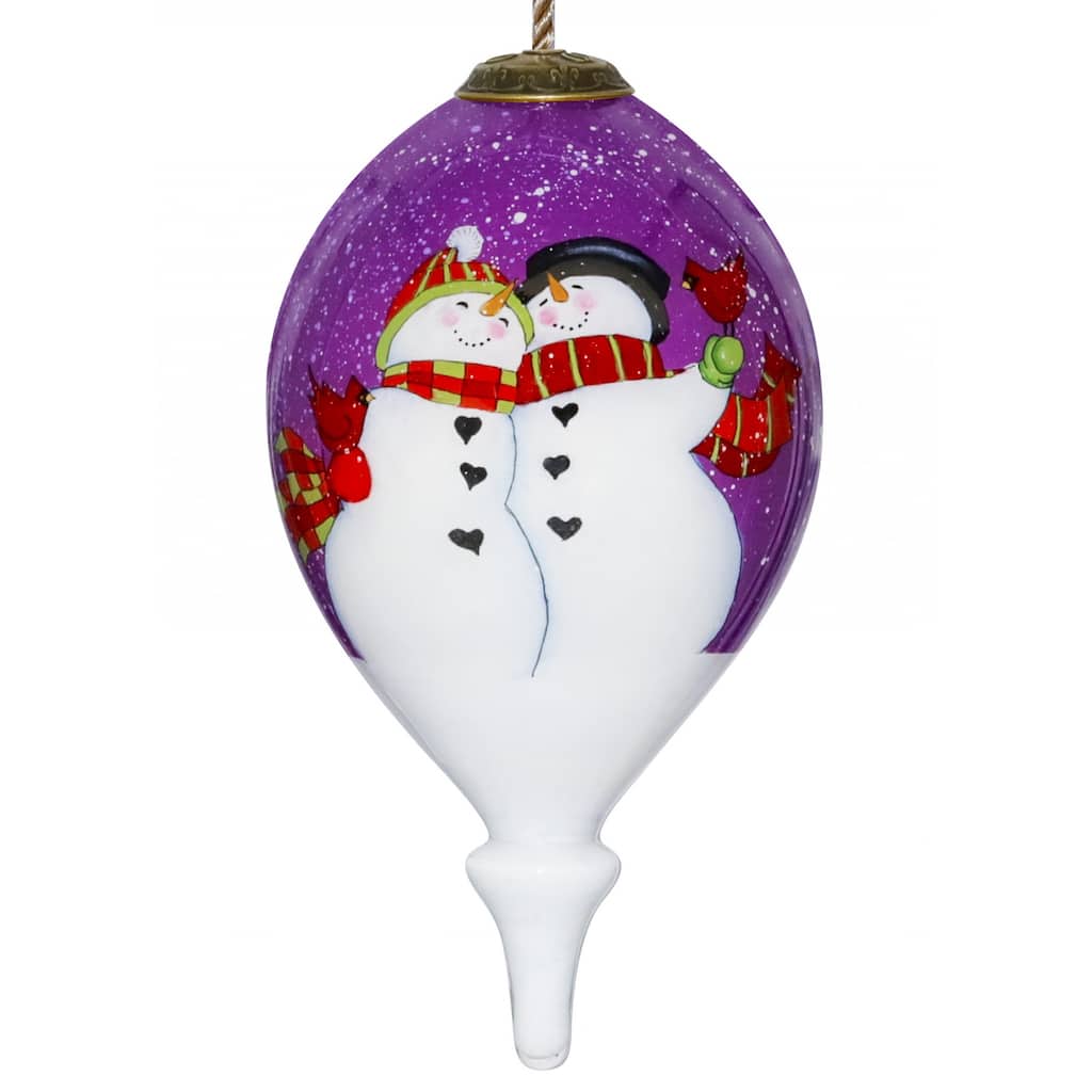 Amore Snowmen Hand Painted Mouth Blown Glass Ornament - 4.75" x 2.5" x 2.5"