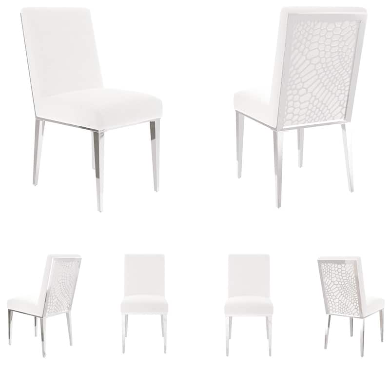 White Upholstered Sherpa Dining Chair Boucle Accent Chairs with Mirrored Silver Legs - Set of 6
