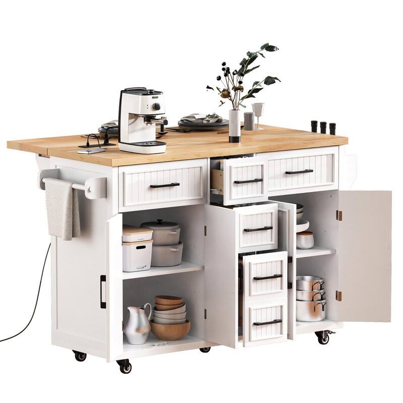 56.5" Kitchen Island with Drop Leaf and Charging Station, Rolling Kitchen Cart on Wheels with Drawers and Adjustable Shelves