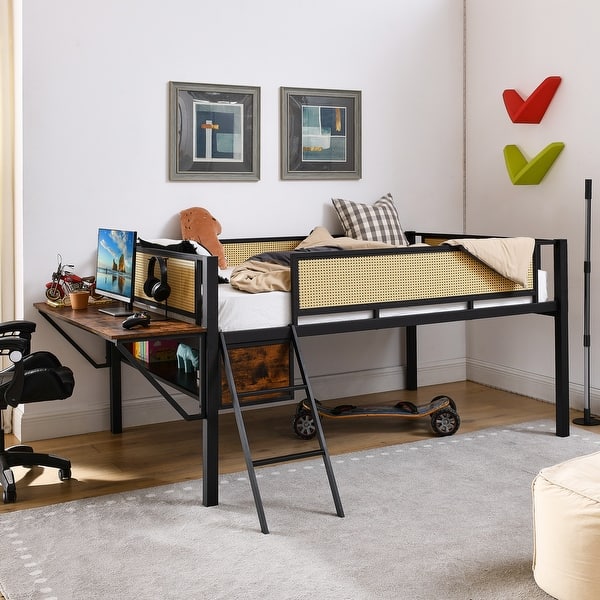 slide 2 of 36, Single Metal Loft Bed with Rectangular Desk, LED Lights, Storage Shelves and Hanging Storage Compartments Black+Brown