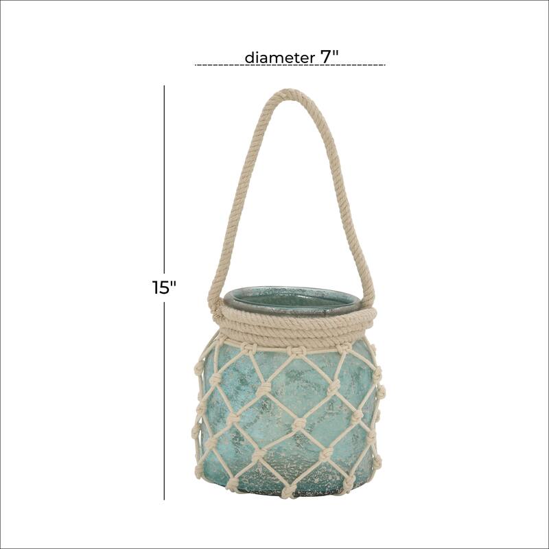 Blue Glass Decorative Indoor Outdoor Candle Lantern with Rope Handle - 7 x 7 x 15