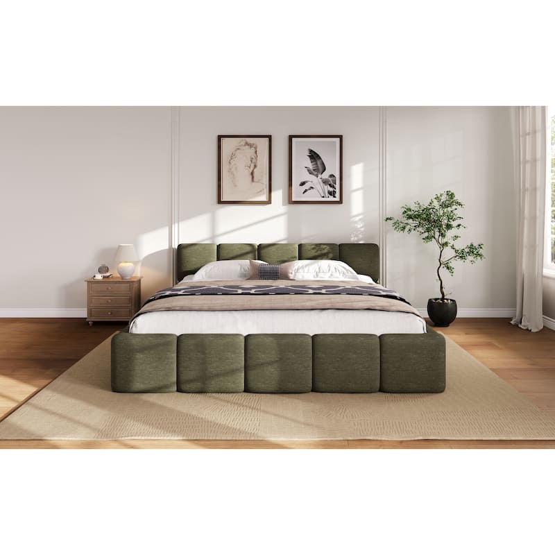 Modern Upholstered Bed Frame Block Style Grounded Bed with Thick Headboard, Lowprofile Wingback Bed Floor Bed Platform Bed Frame