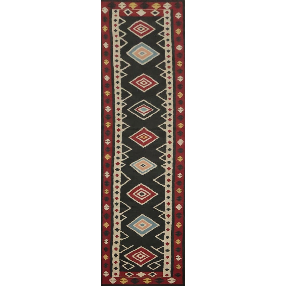Hand Woven Oriental 100% Wool Carpet Southwestern Tribal Black Kilim Runner Rug - 14' 9'' X 3' 0''