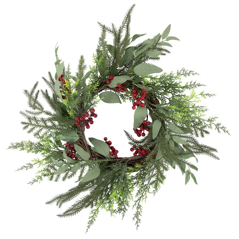 Mixed Foliage Red Berries Artificial Christmas Wreath, 24-Inch, Unlit
