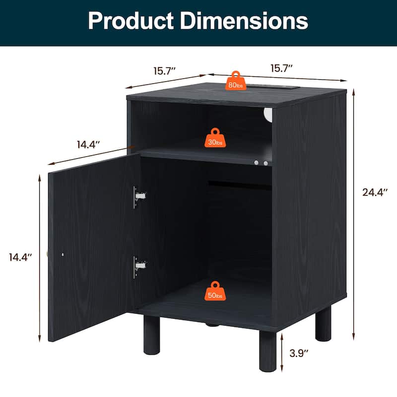 Nightstand Set of 2 with Charging Station and Solid Wood Legs