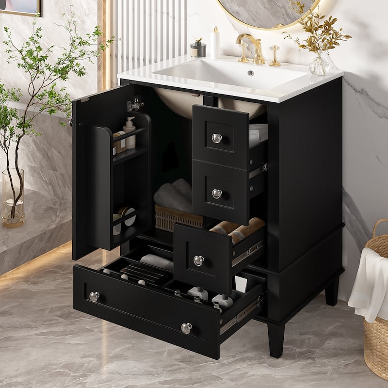 24-Inch Bathroom Vanity With An Integrated Ceramic Basin, Featuring A Door-Mounted Double-Layer Shelf, Soft-Close Drawers - Black