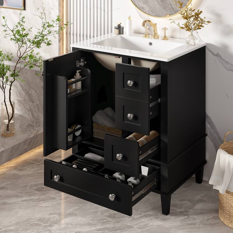 GDFStudio - Faraday Modern Freestanding Bathroom Vanity with Ceramic Sink, Double-Layer Shelf and Soft Close Drawers & Door - Black - 24"