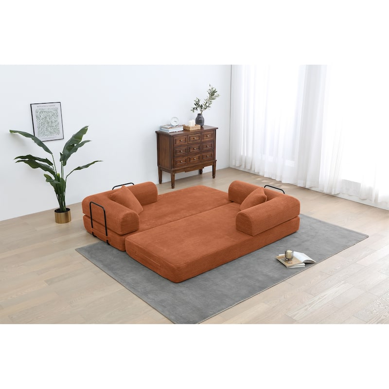 Convertible Sleeper Sofa Bed Corduroy Folding with Cylindrical Pillow Living Room