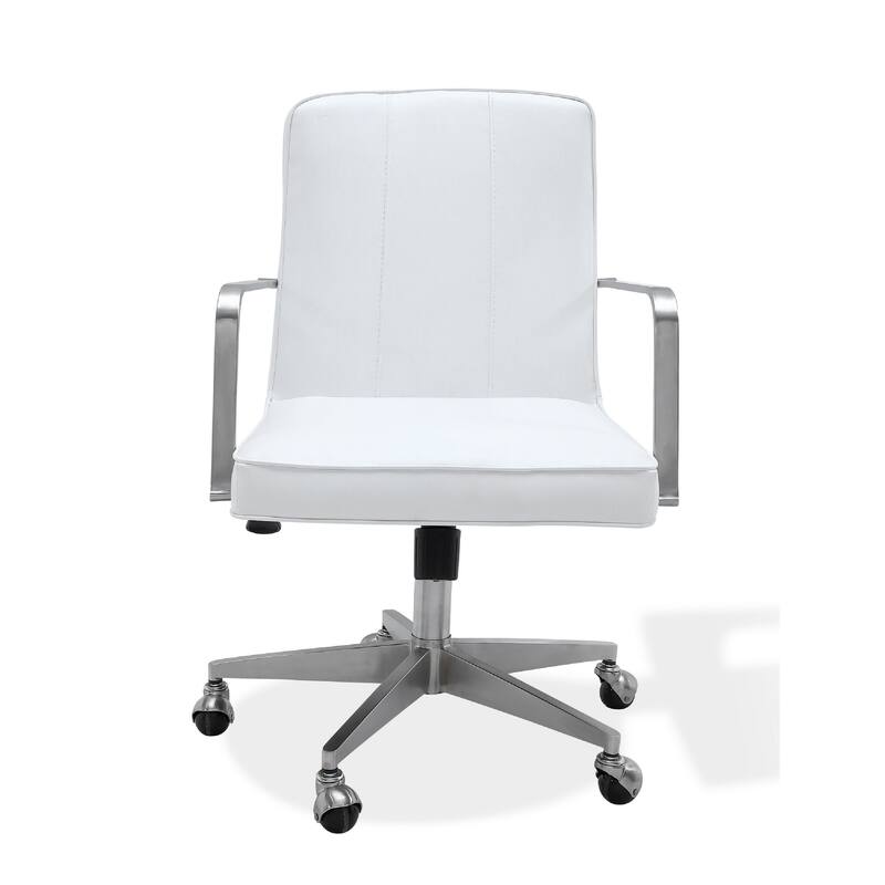 Rux 26 Inch Office Swivel Chair, White Faux Leather, Rolling Steel Base