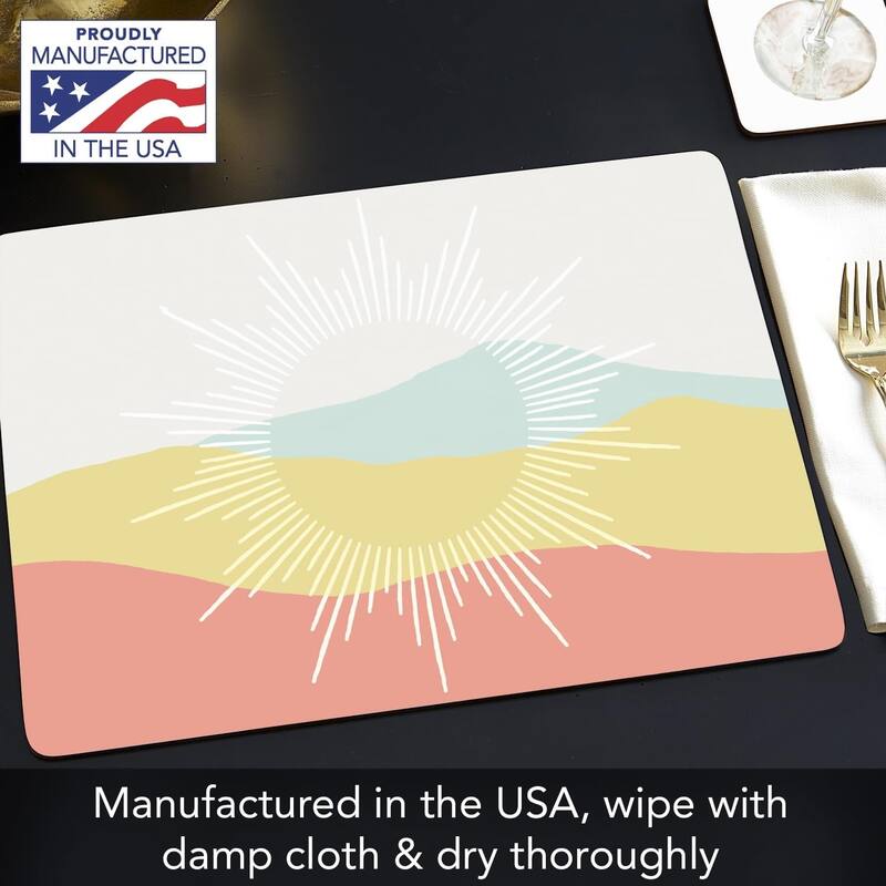 Mohave Sun Rays Decorative Hardboard Placemats with Protective Cork Backing 4 Pack Heat Tolerant and Easily Wipes Clean