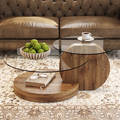 Modern and practical double-layer round table. Glass table top, wood MDF table legs. Suitable for living room and bedroom.