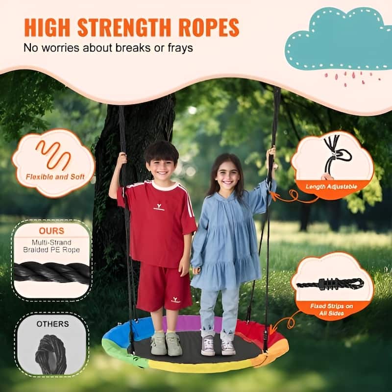 Multicolor 900D Oxford Saucer Tree Swing, 750lb Round Kids Seat Set - 40" L x 2" H
