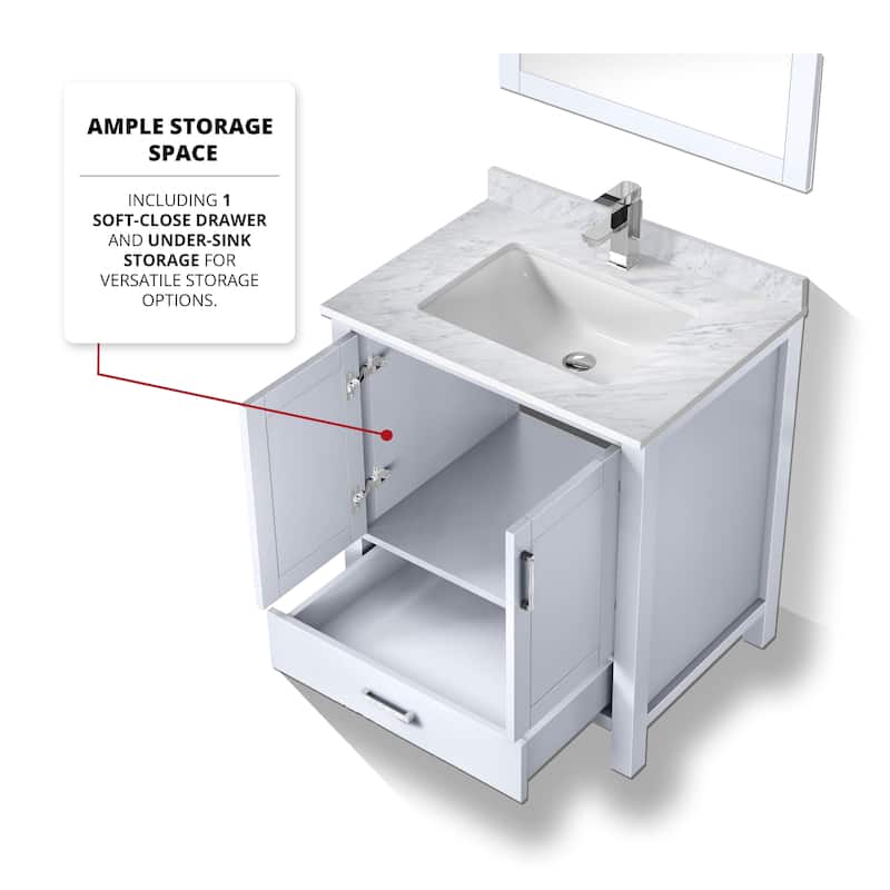 Jacques 30 in White Bath Vanity, Carrara Marble Top, Faucet, & Mirror