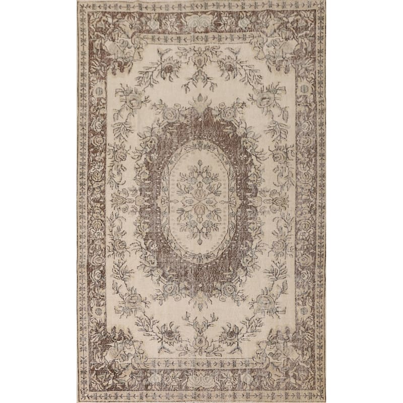 Distressed Ivory Sparta Turkish Vintage Area Rug Handmade Wool Carpet - 5'9"x 9'2"
