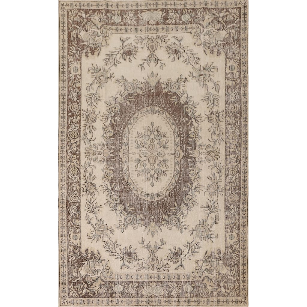 Distressed Ivory Sparta Turkish Vintage Area Rug Handmade Wool Carpet - 5'9"x 9'2"
