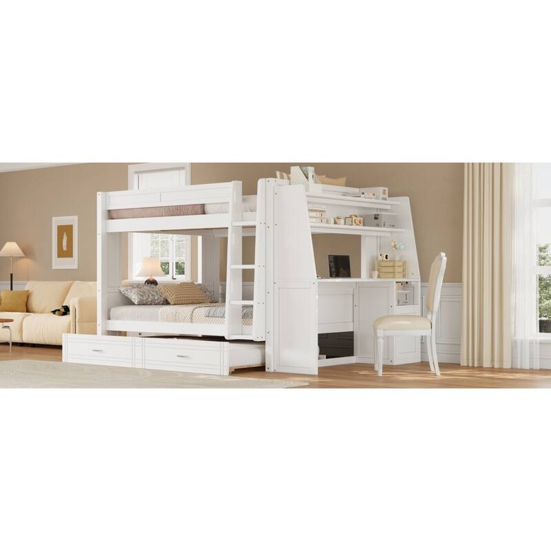 Roomfitters Full Over Full Bunk Bed with Built-In Desk, Bookshelves and Trundle