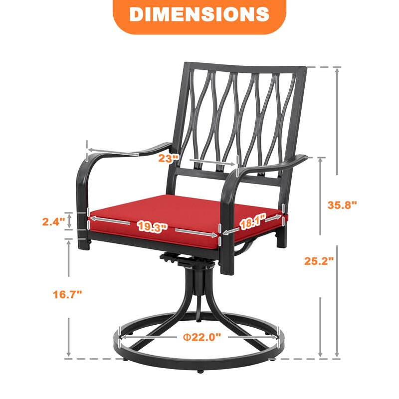Outdoor 2-Piece Metal Swivel Dining Chairs with Red Olefin Cushions