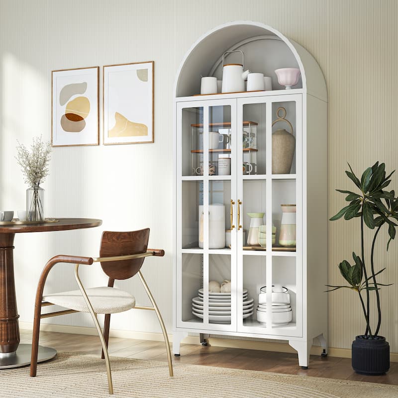 73.6-Inch Arched Metal Storage Display Cabinet with Glass Doors
