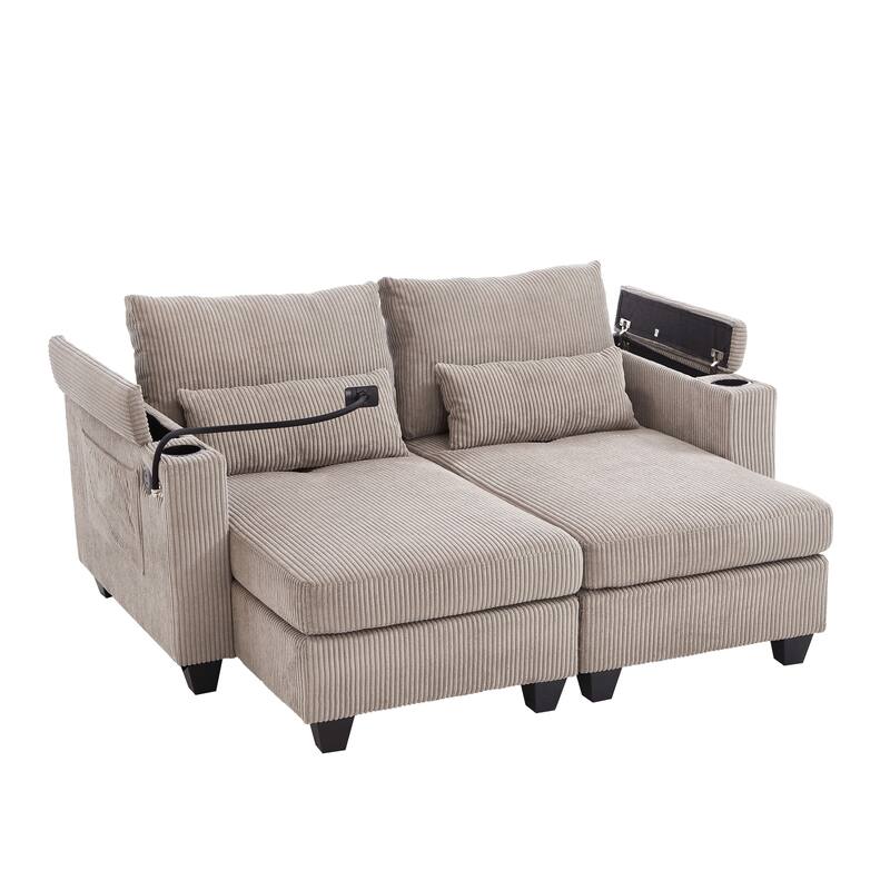 Convertible Chaise Lounge 63" Loveseat Sofa Sofa Bed Corduroy Sleeper Sofa with USB Ports, Two Cup Holders