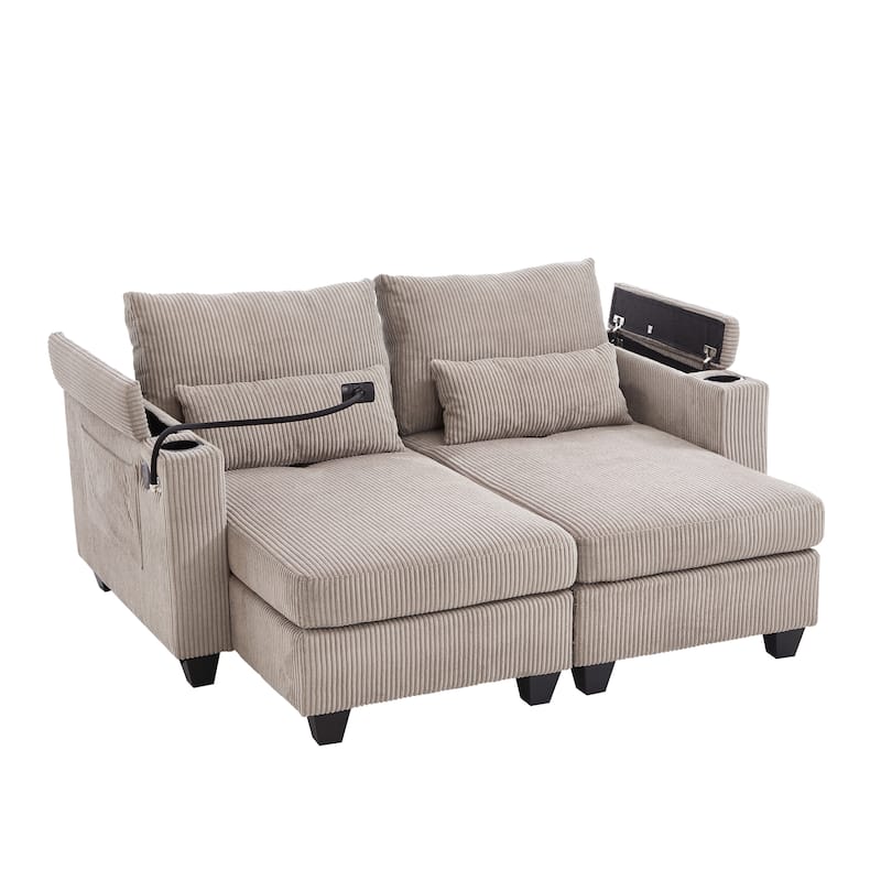 Roomfitters Convertible Corduroy Loveseat Sofa Bed with USB Ports, Cup Holders, Phone Slot and Storage for Living Room