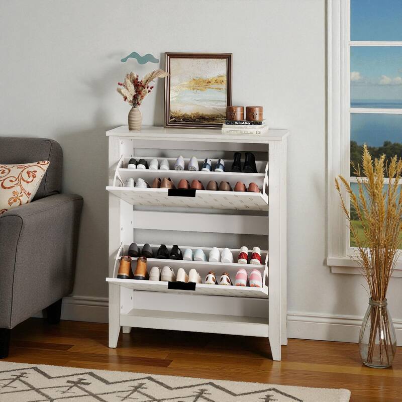 31.5" Retro Shoe Cabinet with 2 Flip Drawers, Mid-Century Freestanding Shoe Storage Organizer for Entryway or Hallway