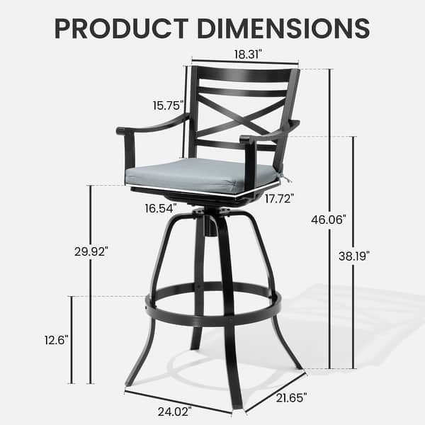 dimension image slide 9 of 15, Outdoor Cast Aluminum Sunbrella Swivel Bar Stools Patio Bar Height Barstools with Back