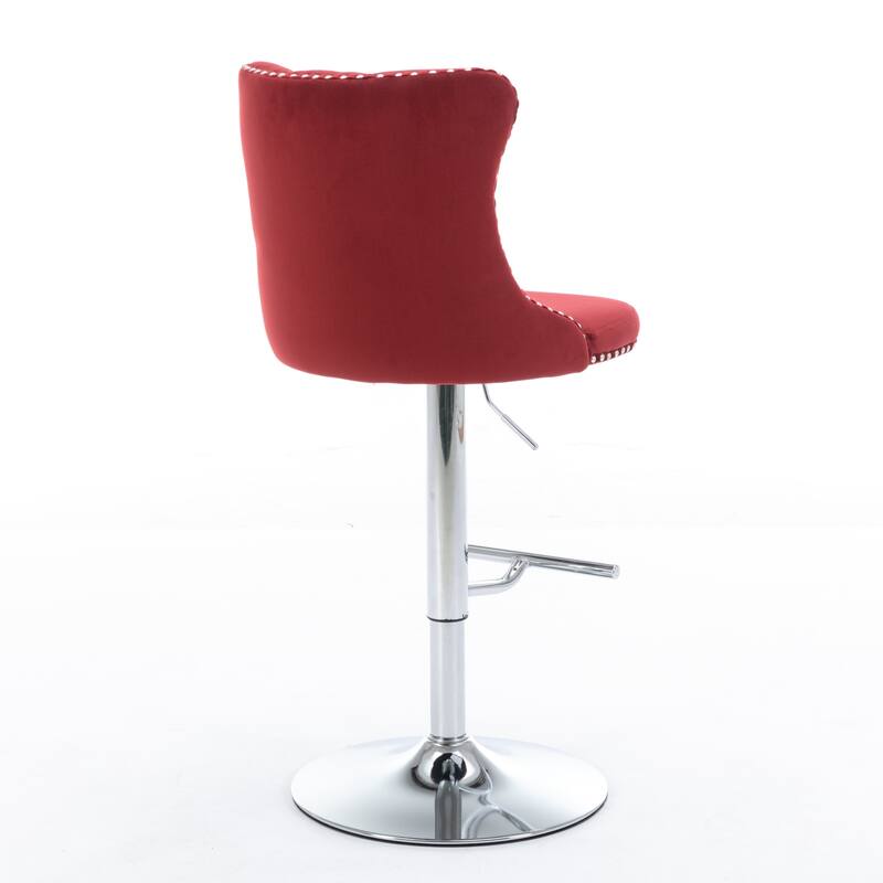 Set of 2 Swivel Velvet Bar Stools with Chrome Base & Tufted Back, Adjustable Height 25-33" - Wine Red Burgundy