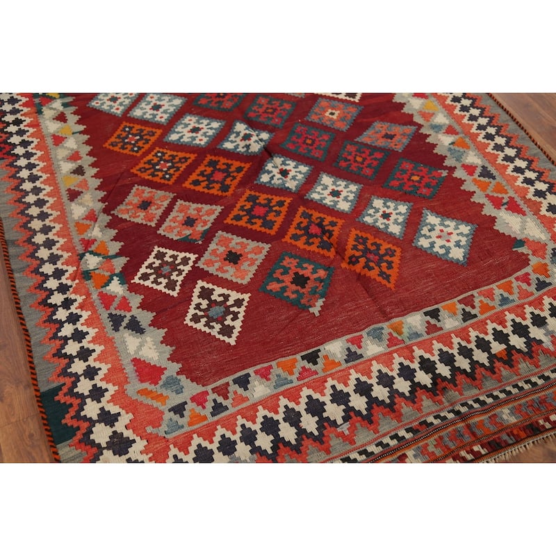 Tribal Kilim Qashqai Persian Vintage Rug Hand-Woven Red Wool Carpet - 5'0"x 6'8"