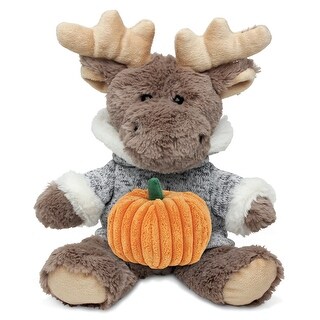 DolliBu Sitting Moose with Sweater Stuffed Animal with Pumpkin Decor - 8 inches
