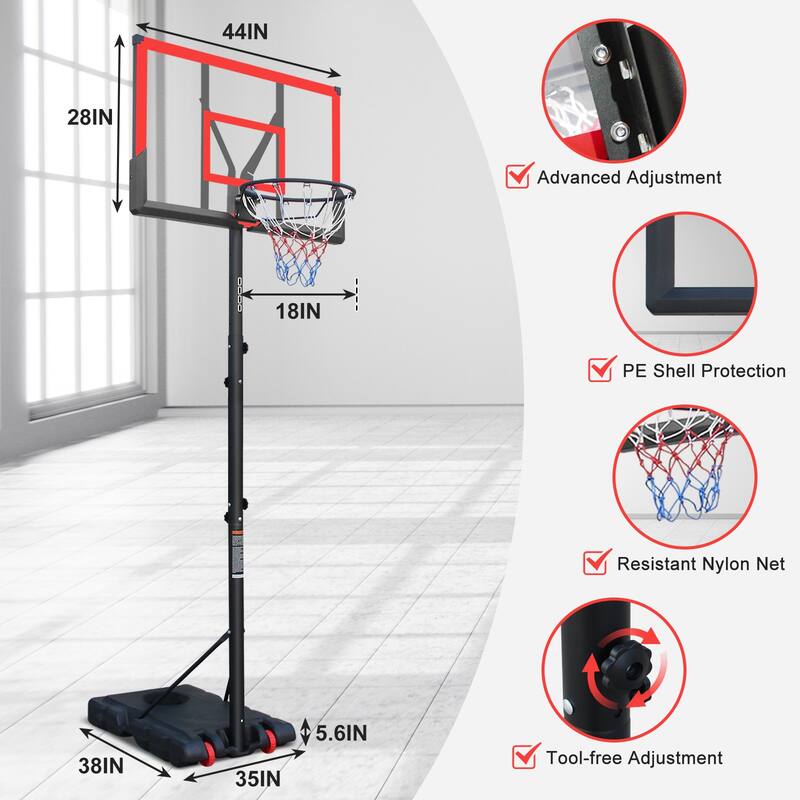 Basketball Hoop 5.73-10FT Height Adjustable Portable Basketball Goal for Basketball Stand 44in Backboard with Wheels Red