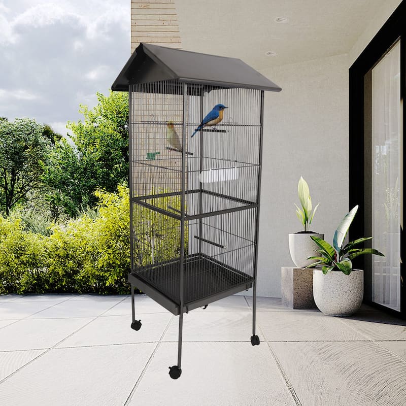 Gray Steel Bird Cage with Rolling Stand - Black