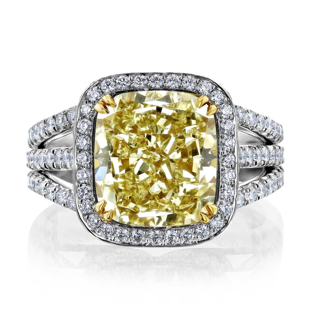 Kobelli 5.94 Carat Fancy Yellow & White Diamond GIA Certified Platinum Cushion Halo Double Split Band Callisto Ring