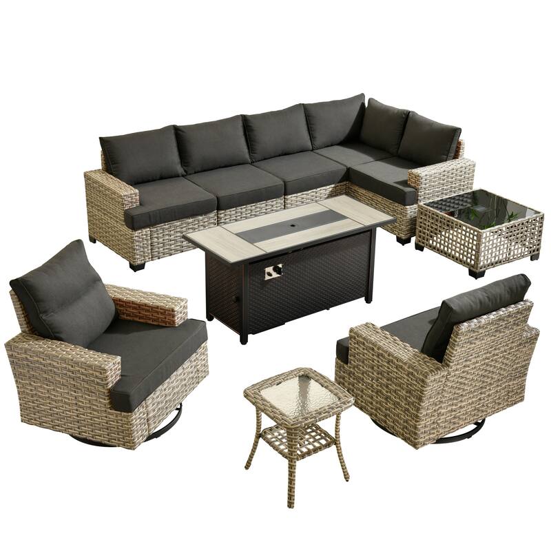 OVIOS 10 Pieces T shaped Seat Wide Armrest Swivel Chair Set With Solar-Powered Table&Fire Pit