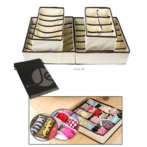 JAVOedge Beige 4 Piece Bundle Set of Closet and Drawer Storage (6 / 7 / 8 / 24 Slot Organizers) + Bonus Drawstring Bag
