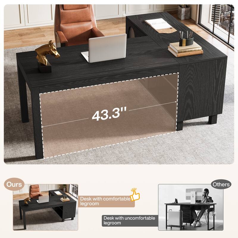 59-Inch L Shaped Desk with Storage Cabinet, Corner Executive Desk