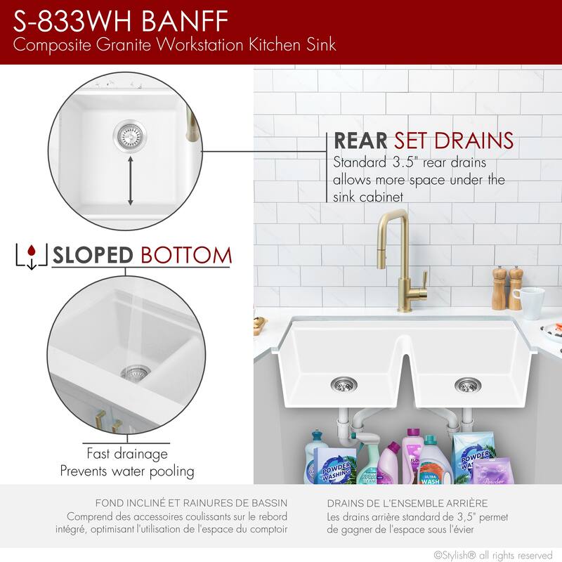 STYLISH Dual Mount 33" Double-Bowl Composite Granite Kitchen Sink - 33" x 18" x 9.5"