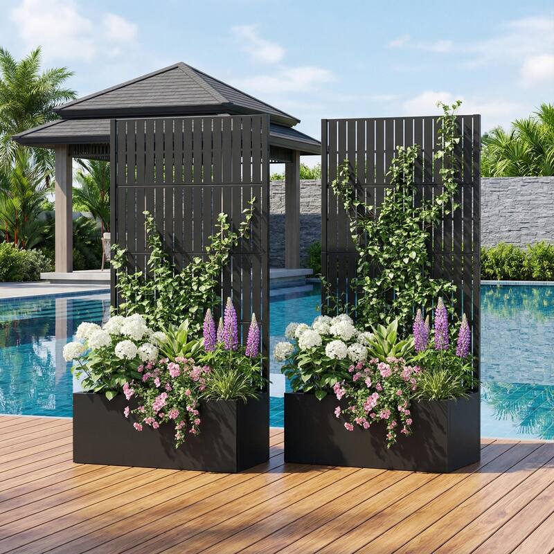 Outdoor Metal Planter Box Raised Garden Beds with Trellis (Set of 2)