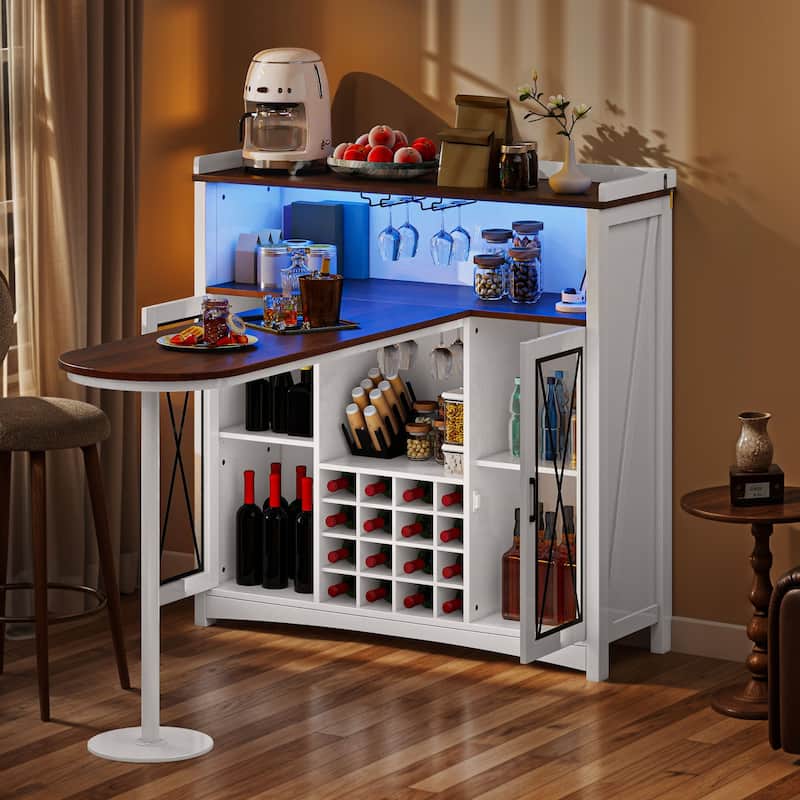 Moasis 47"W Farmhouse Barn Door Coffee Bar Cabinet with LED Lights, Wood Wine Cabinet with Charging Station