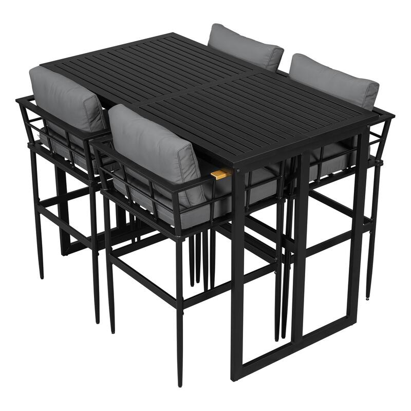 5-Piece Outdoor Dining Set with Iron Frame and Acacia Wood Armrests, Cushioned Chairs for Comfortable Patio and Backyard Seating