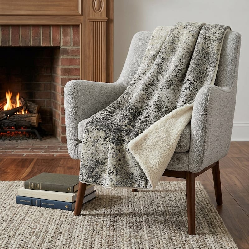 HomeRoots 50" X 70" Gray And Black Abstract Polyester Woven Plush Throw Blanket - Throw - Black/Gray