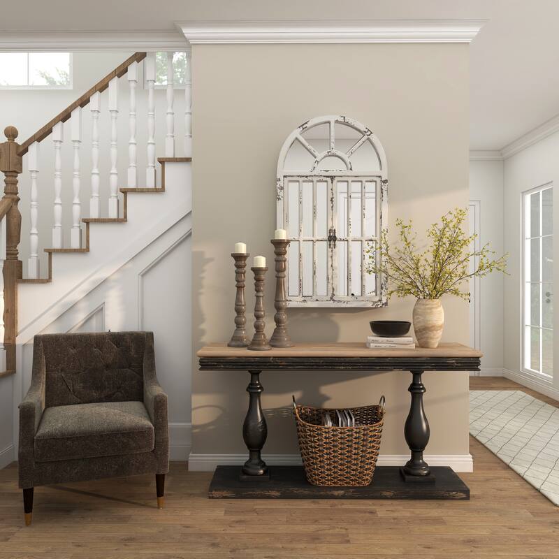 Wood Window Pane Inspired 2 Door Room Wall Mirror with Arched Top and Distressing - White - Roche River Decor