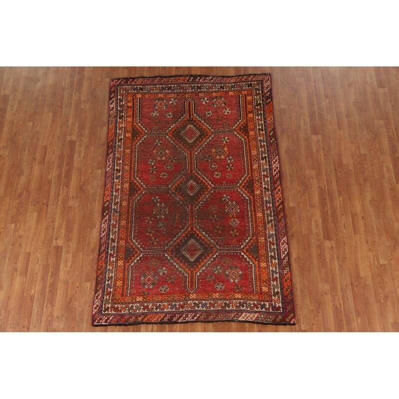 Pre-1900 Antique Qashqai Persian Rug Vegetable Dye Wool Carpet - 5'1"x 7'7"
