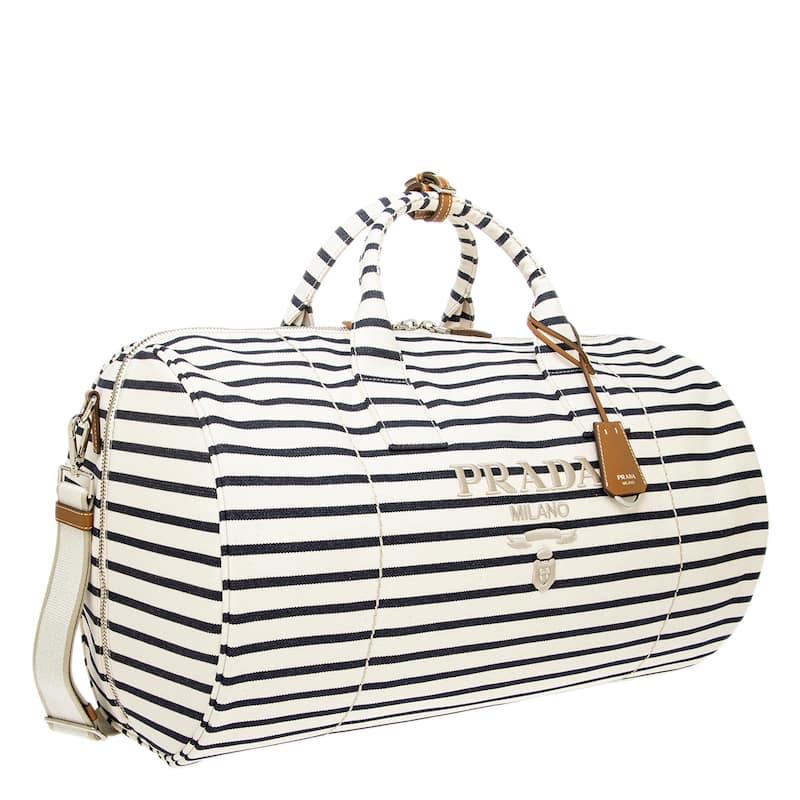 Prada Striped Duffle Bag - White with Navy Stripes