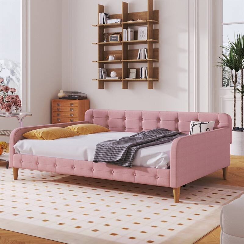 Twin/Full/Queen Size Upholstered Daybed with 4 Support Legs, Linen Fabric Daybed Frame Sofa Bed with Button Tufted Design - Pink - Full