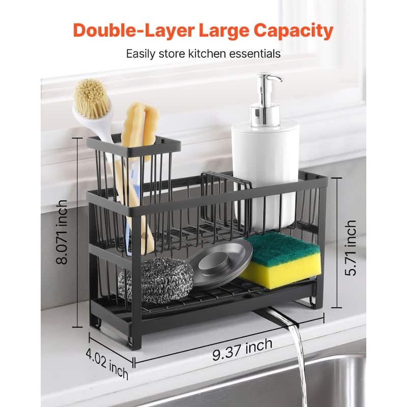 Black Double-Layer Kitchen Sink Caddy with Rotating Drain and Organizer - 9.37" x 4.02" x 5.71"