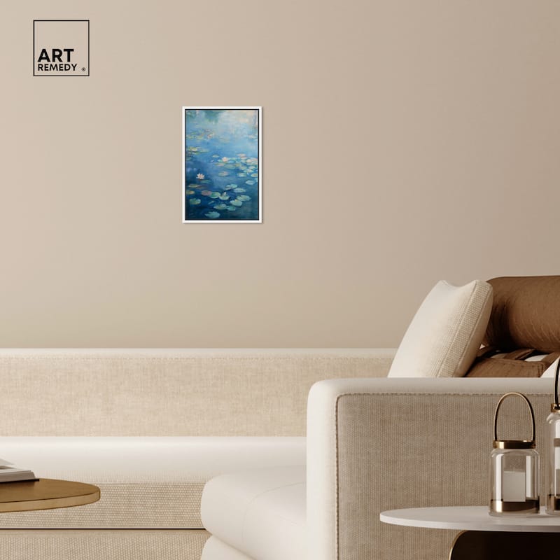 Art Remedy Lilypads In Blues Framed Impressionism 1 Piece Canvas Wall Art /Monet And Van Gogh Inspired Art