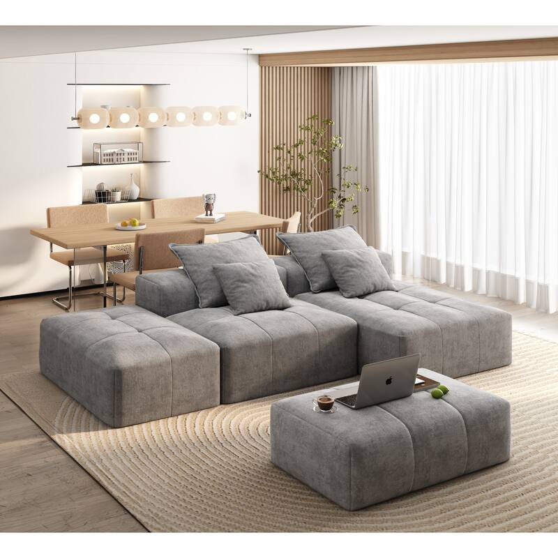 Oversized Modular Chenille Sectional Sofa with Ottoman, Chaise Lounge, 1 Armrest and 4 Pillows for Living Room