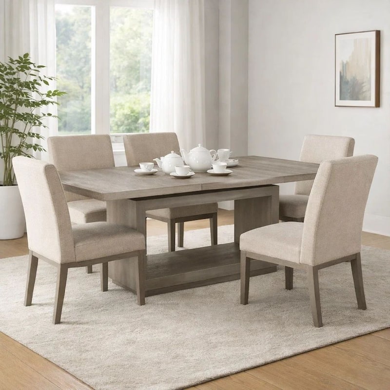 Jose 72-95 Inch Acacia Wood Dining Table, Open Plinth Base, Weathered Gray