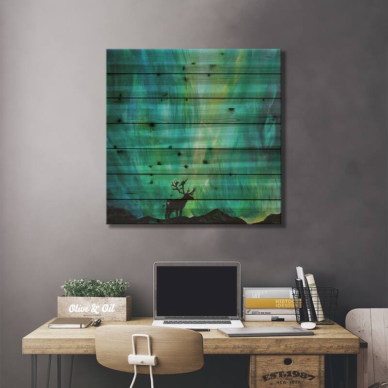 Elk Northern Lights Print On Wood by Lindsey Dahl - Multi-Color
