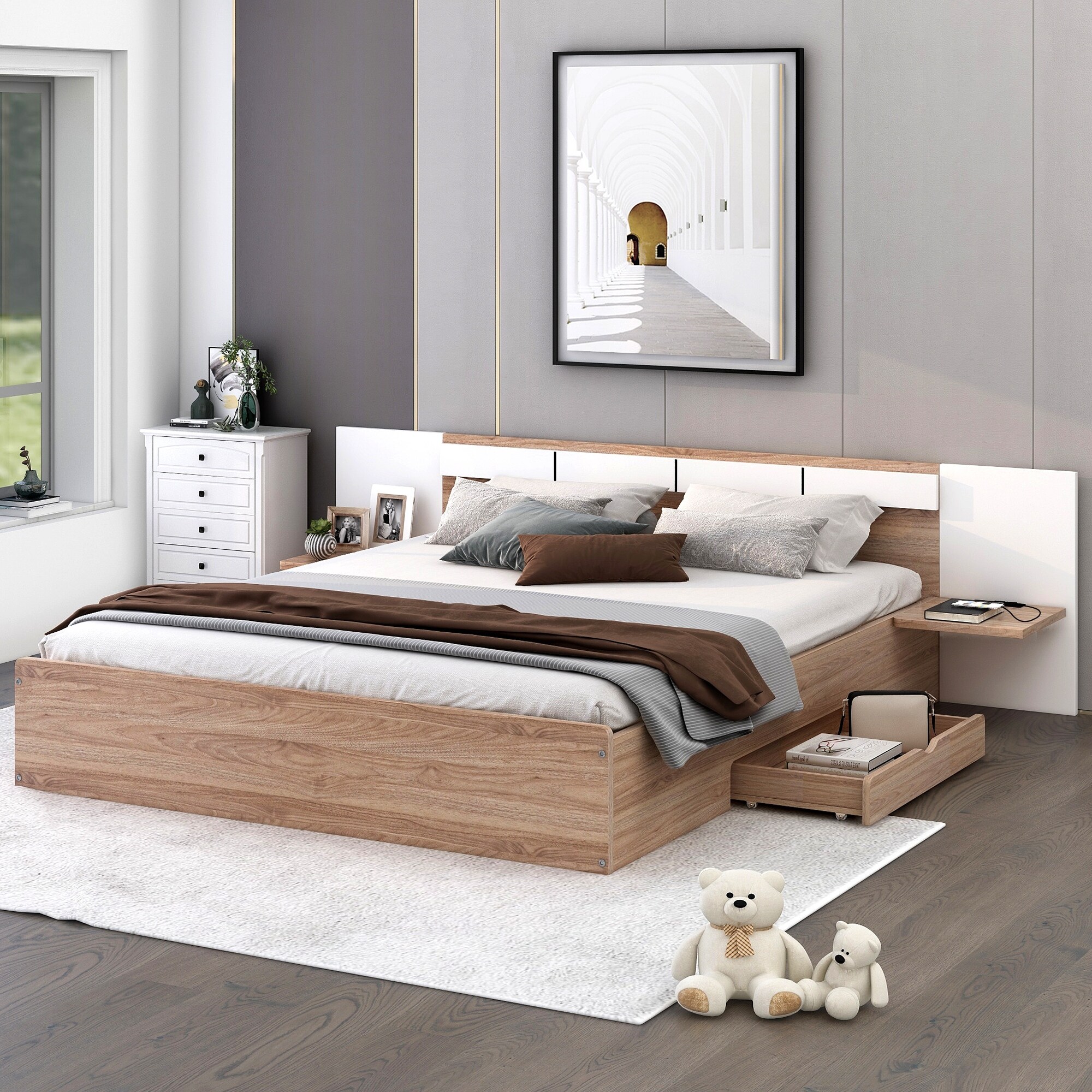 Queen Platform Bed with Hidden Drawers USB Ports Sockets Wood Bedframe with Extended Headboard Storage Shelves for Bedroom Bed Bath Beyond 38394308